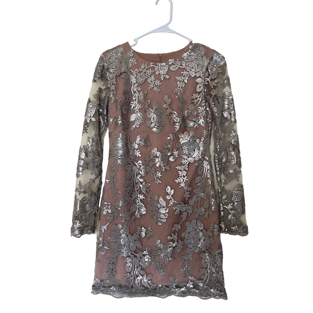 Dress The Population Grace Beige Grey Sequin Long Sleeve Lace Dress Size XS
